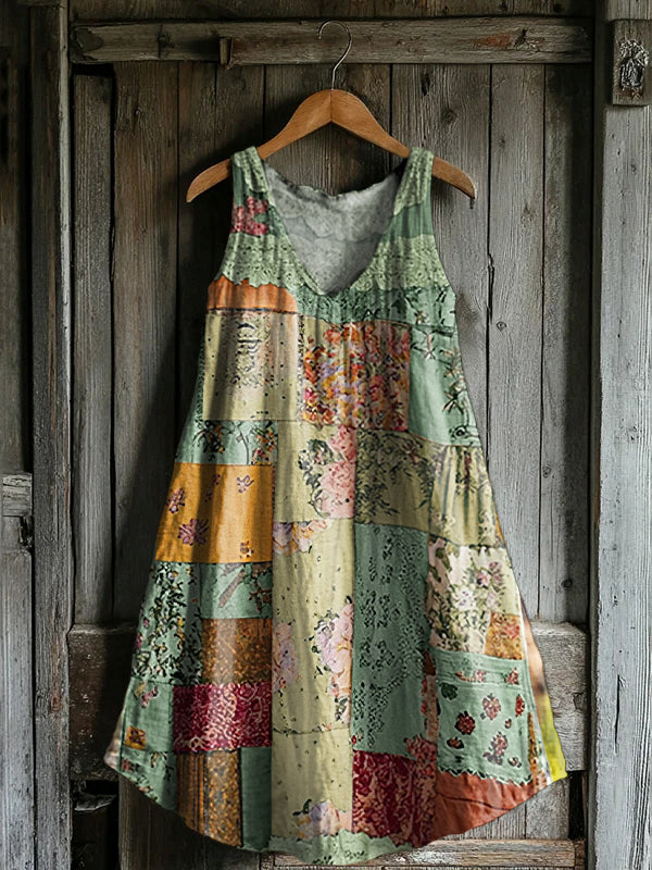 Women's Vintage Floral Collage Art Print V-neck Pocket Cotton Dress