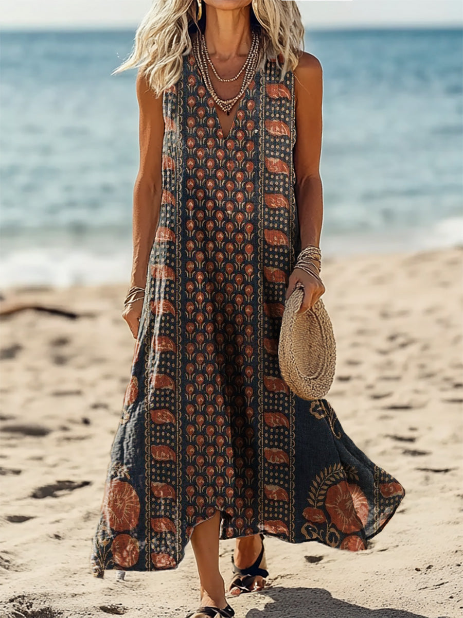 Women's Ethnic Flower Art Print V-Neck Sleeveless Cotton Pocket Holida