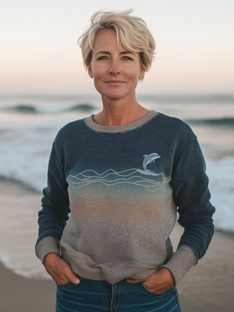 Comstylish Women's Casual Japanese Art Dolphin Wave Print Sweatshirt