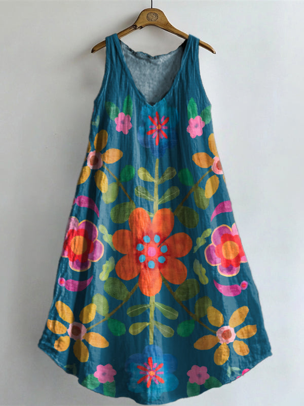 Women's Bohemian Floral Art Print V-neck Pocket Cotton Dress