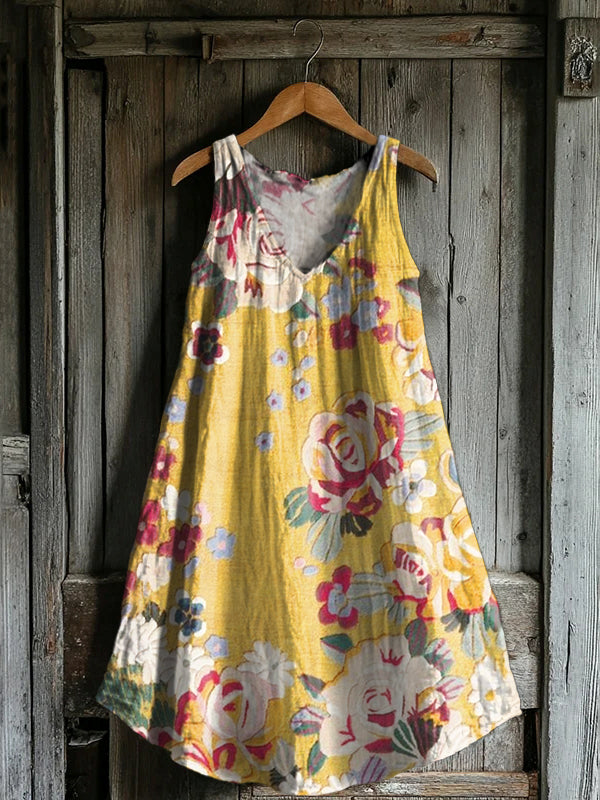 Women's Bohemian Floral Print V-neck Pocket Cotton Dress