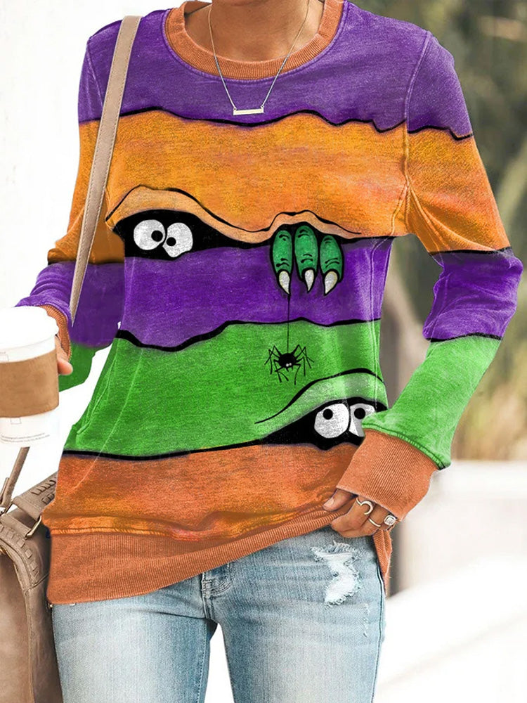 Comstylish Women's Casual Halloween Peek Monster Print Long Sleeve Sweatshirt