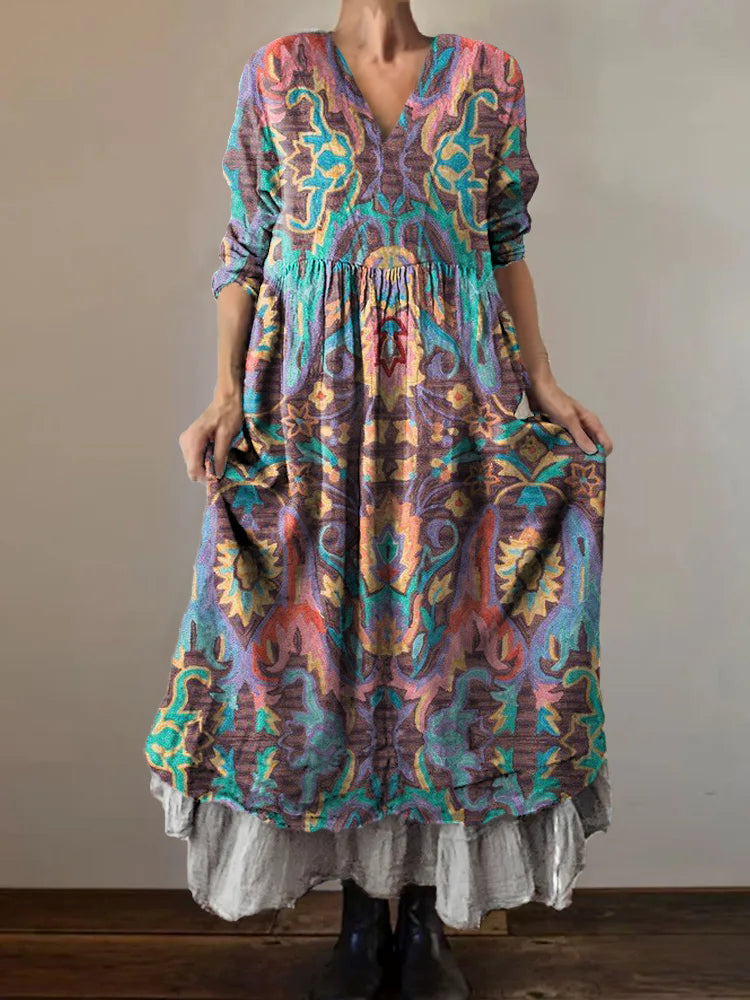 Women's Bohemian Ethnic Art Pattern Print V-Neck Pocket Cotton Dress