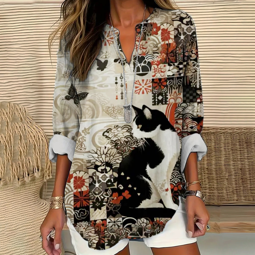 Comstylish Japanese Cat Vintage Floral Art Women's Linen Long Sleeve Shirt