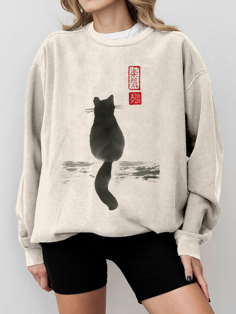 Japanese Cat Art Crew Neck Vintage Cozy Sweatshirt elevenforest