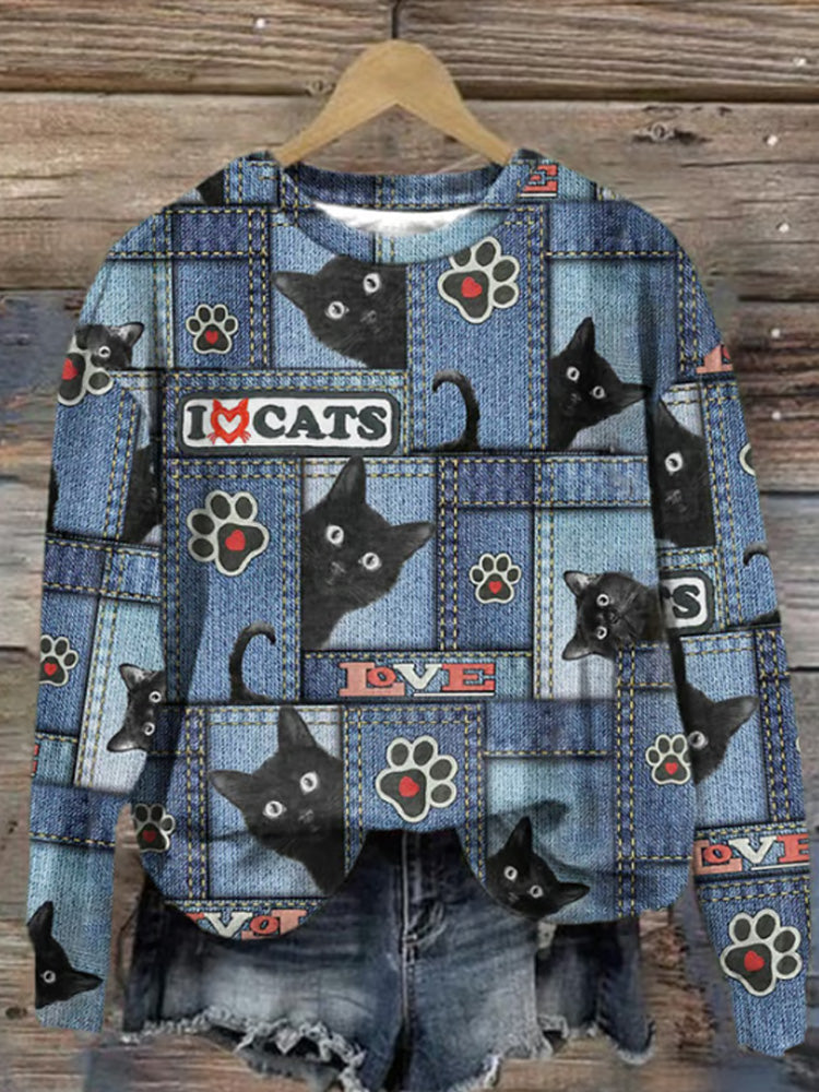 Retro I Love Cats Denim Cat Paws Print Sweatshirt elevenforest